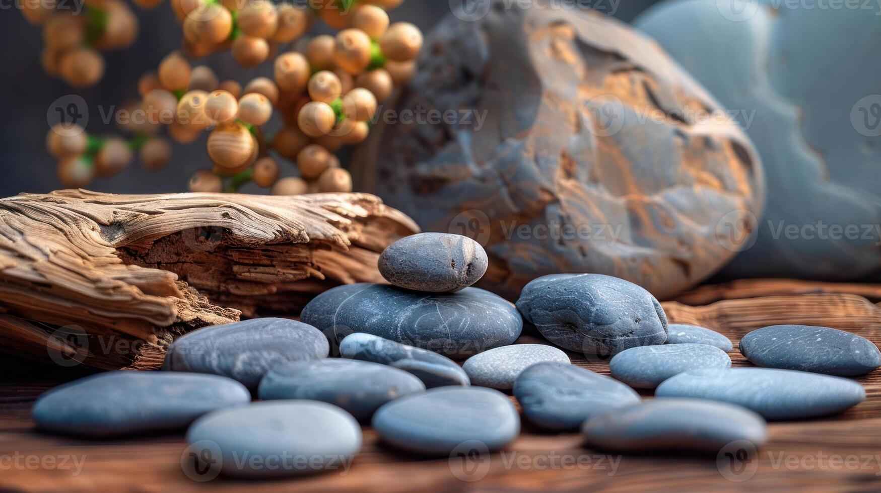 A serene arrangement of smooth pebbles and driftwood on a wooden surface with soft lighting photo