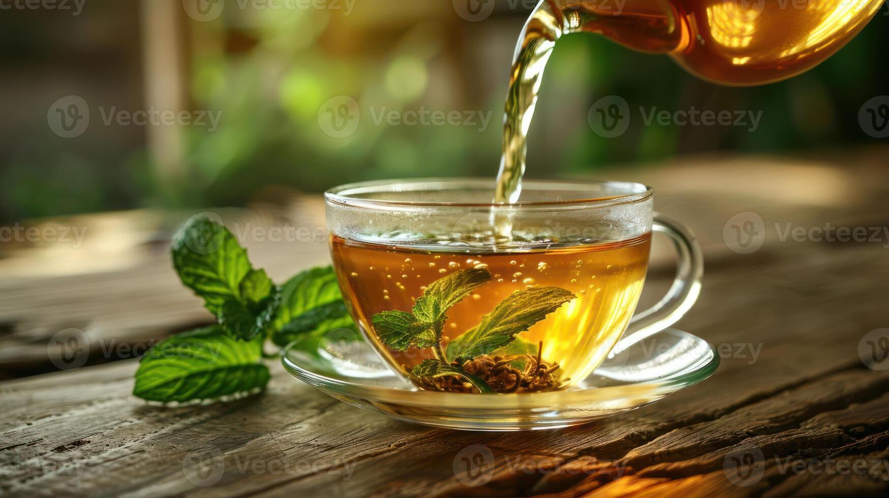 Fresh herbal tea being poured into a clear cup with mint leaves on a rustic wooden table photo