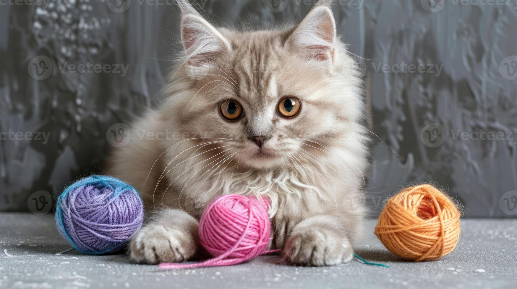 Playful fluffy kitten surrounded by colorful yarn balls on a textured gray background photo