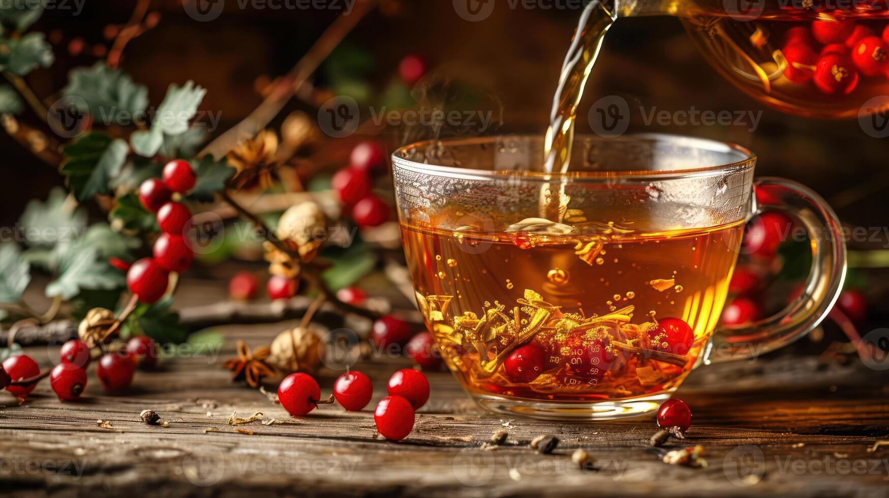 Warm herbal tea being poured into a glass cup surrounded by fresh berries and herbs on a rustic table photo