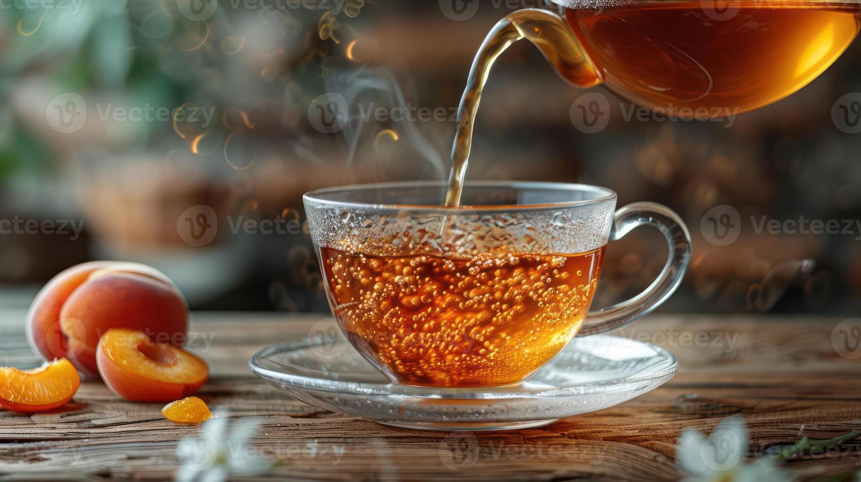 Steaming tea being poured into a glass cup, with fresh apricots and a rustic background photo