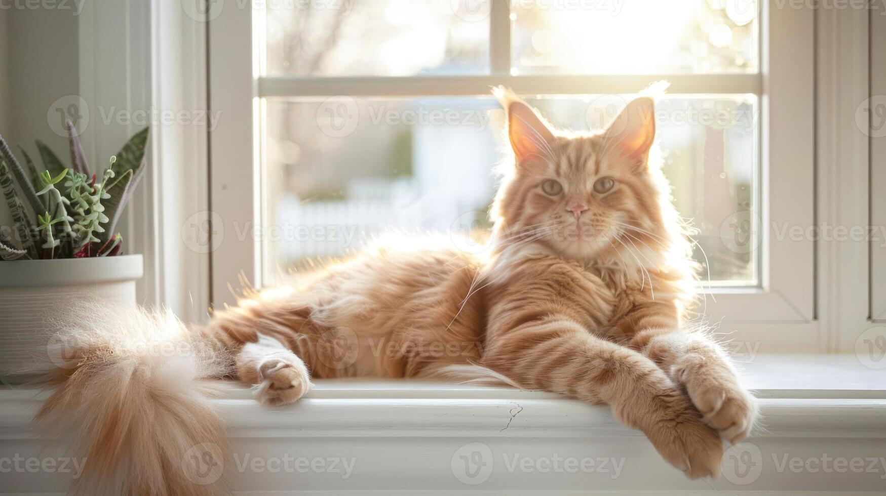 Majestic ginger cat lounging on a sunlit windowsill, surrounded by greenery and soft sunlight photo