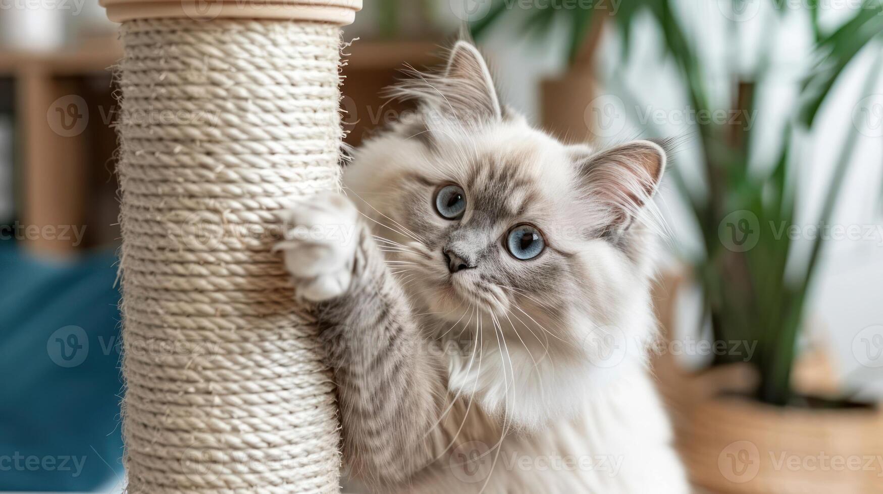 Playful cat scratching a tall scratching post in a cozy indoor setting with greenery photo