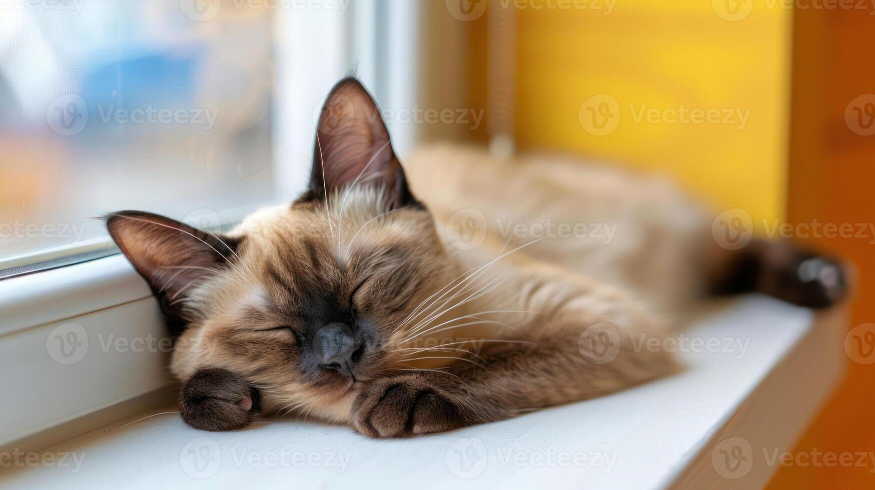 A serene sleeping cat resting on a windowsill, basking in warm sunlight with a cozy interior photo