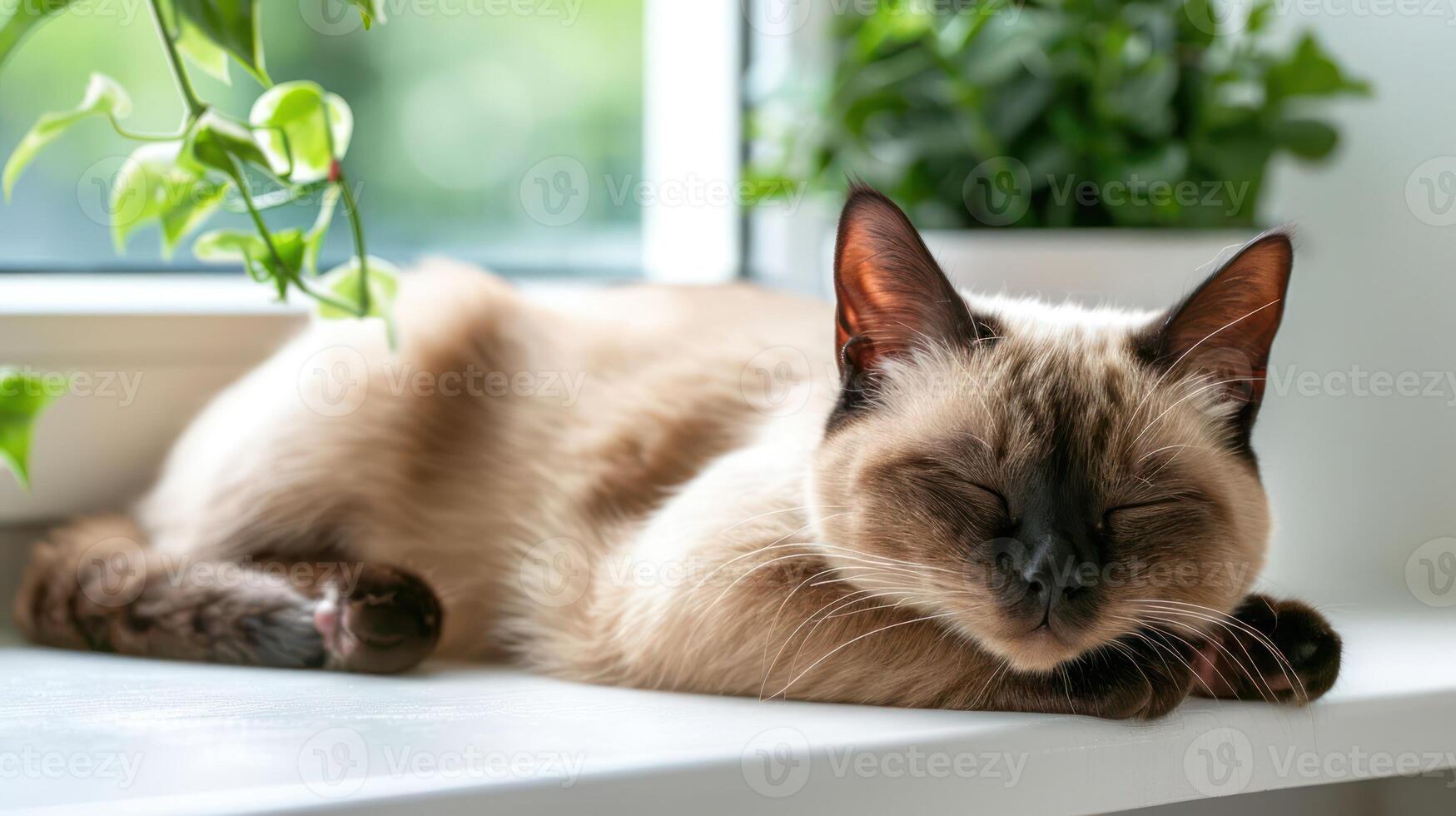 A serene sleeping cat resting on a windowsill with lush green plants in the background photo