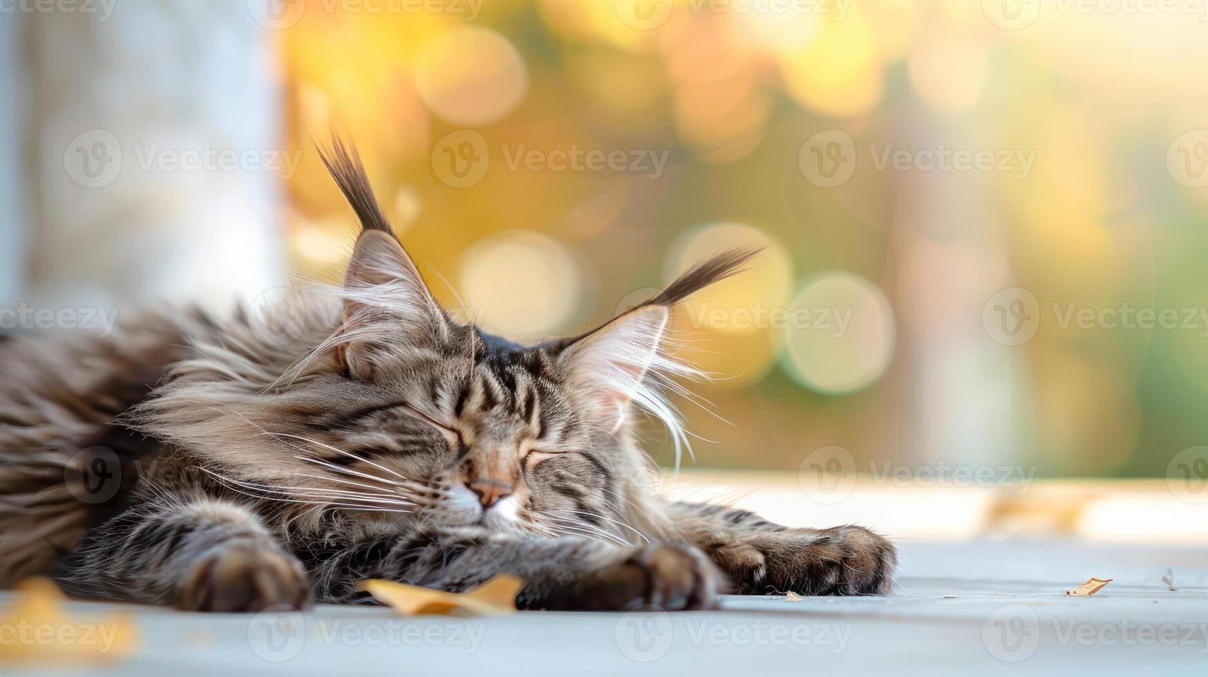 A sleepy Maine cat resting on a porch surrounded by colorful autumn leaves and soft light photo