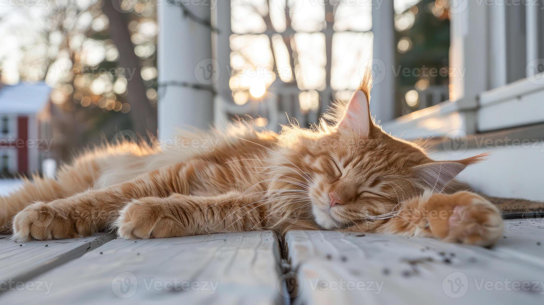 A peaceful orange cat lounging on a sunlit porch during a serene evening, with trees in the background photo