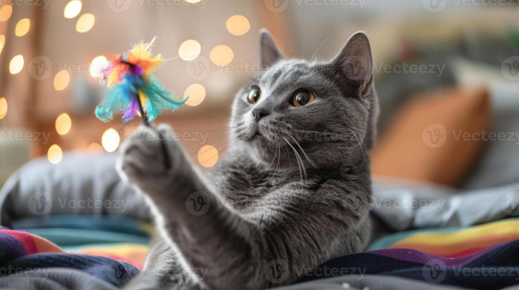 Playful gray cat engaging with colorful feather toy on cozy bed with soft lighting photo