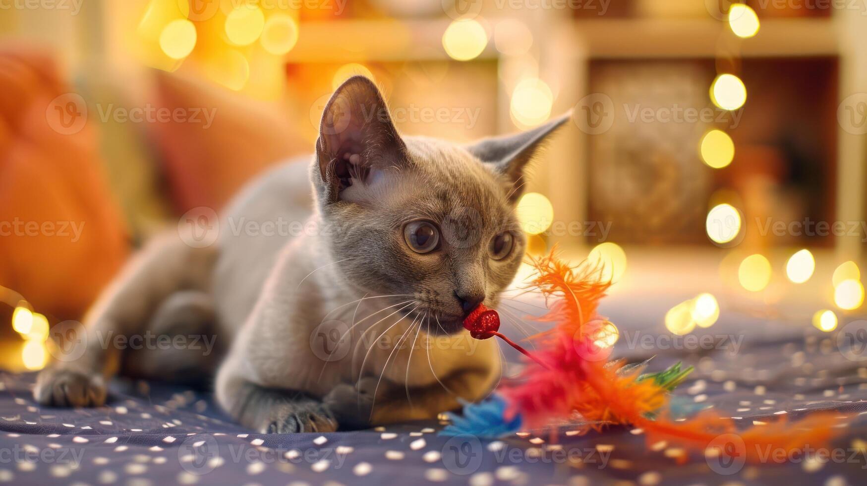 Playful cat engages with colorful feather toy in cozy, softly lit living room setting photo