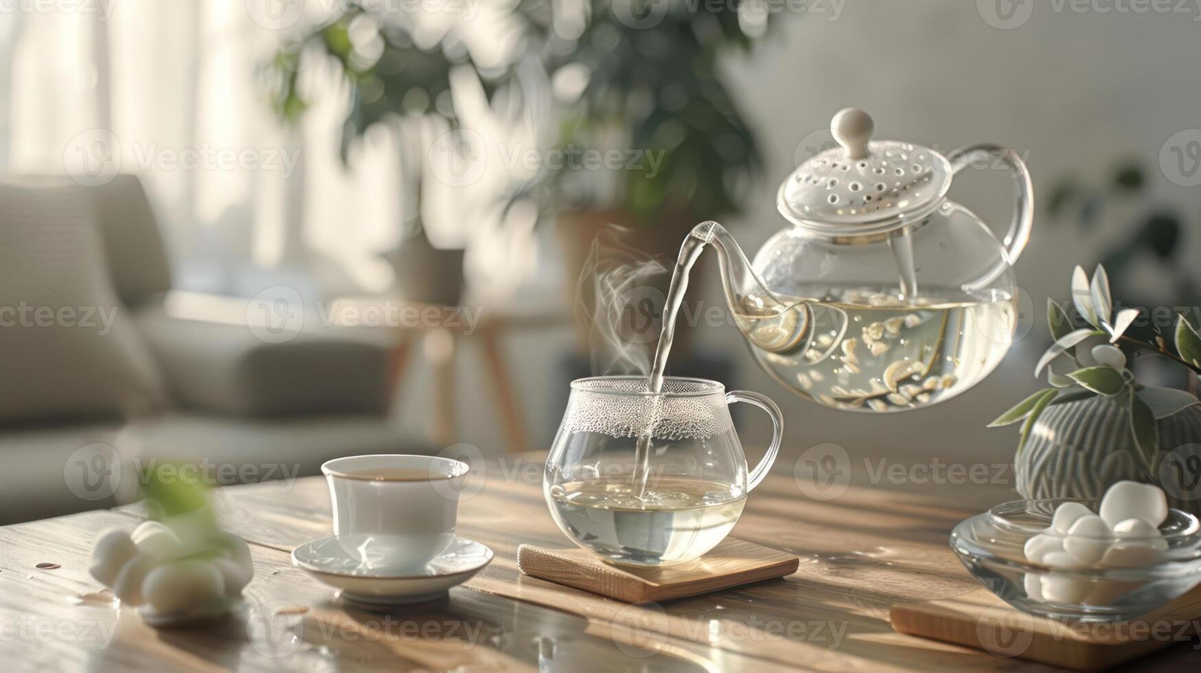 Serene tea preparation in a cozy living room, showcasing a steaming teapot pouring into a glass cup photo