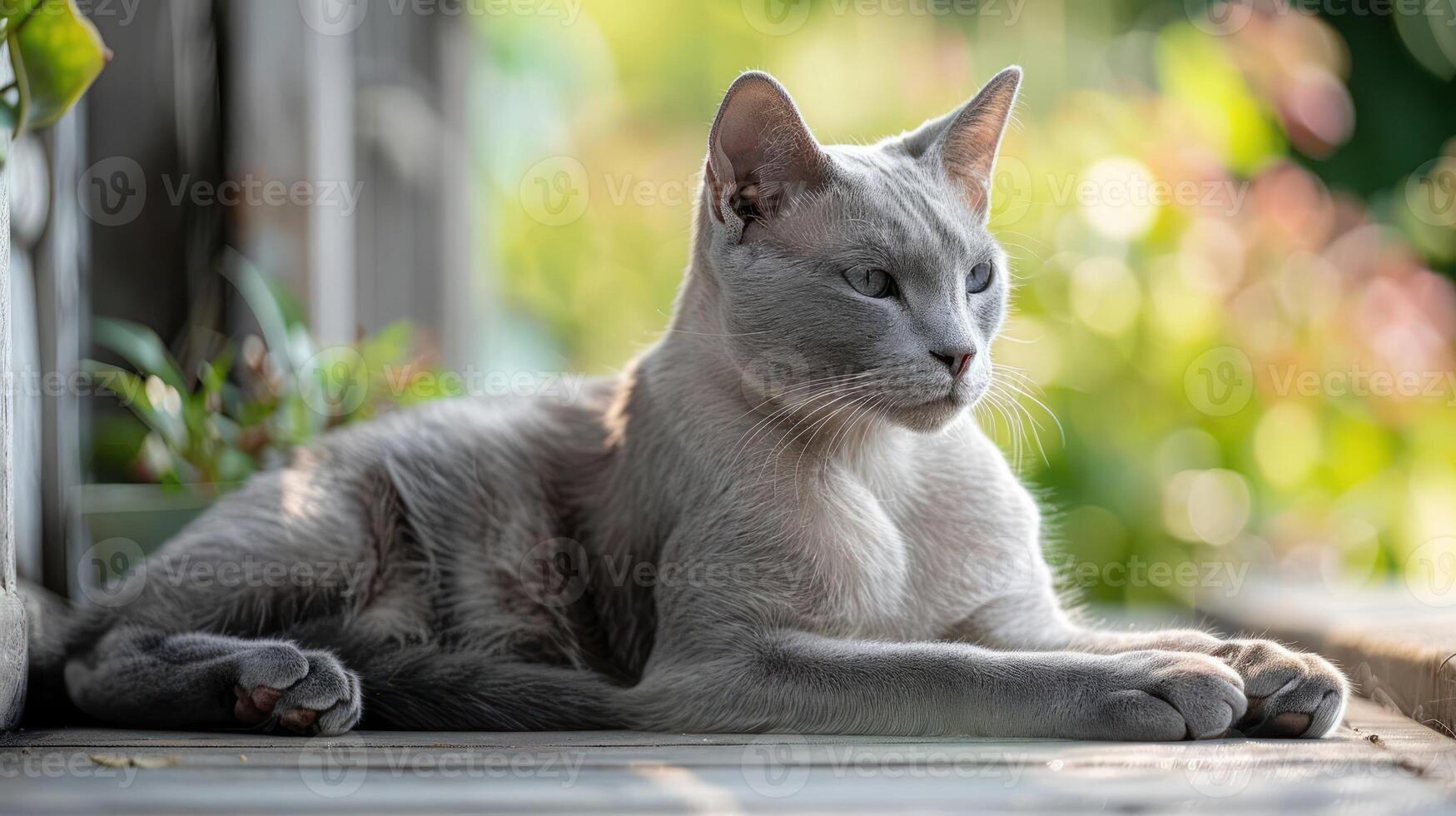 A serene gray cat lounging on a wooden deck surrounded by lush greenery and soft sunlight photo