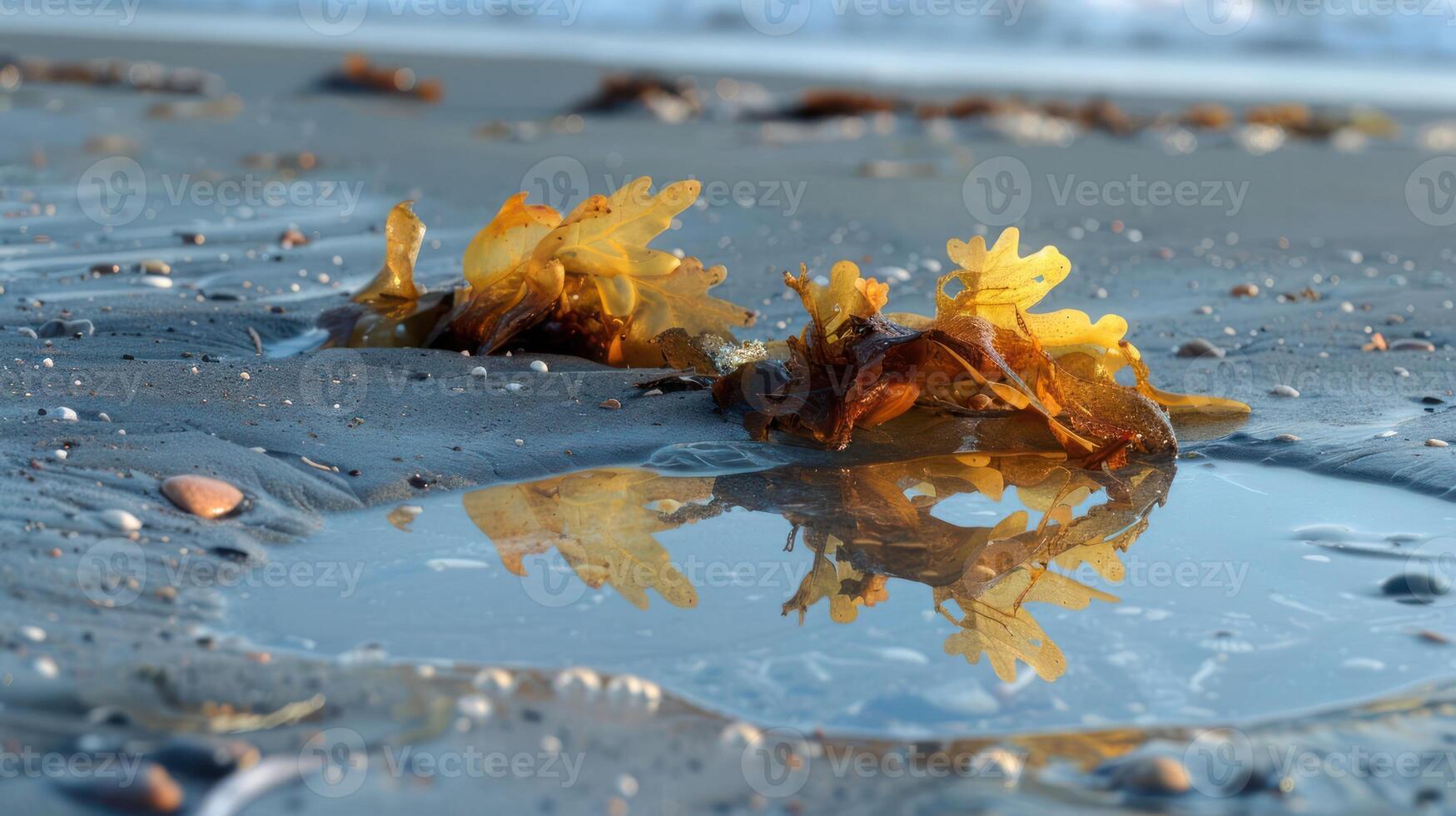 Colorful seaweed clusters on a sandy beach reflecting in shallow water during low tide photo
