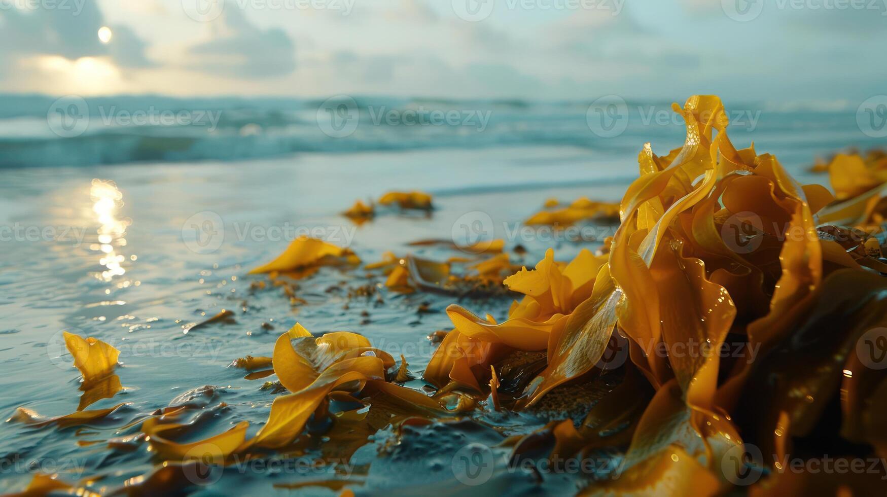 Vibrant seaweed on a sandy beach at sunset, with gentle waves and a serene sky in the background photo