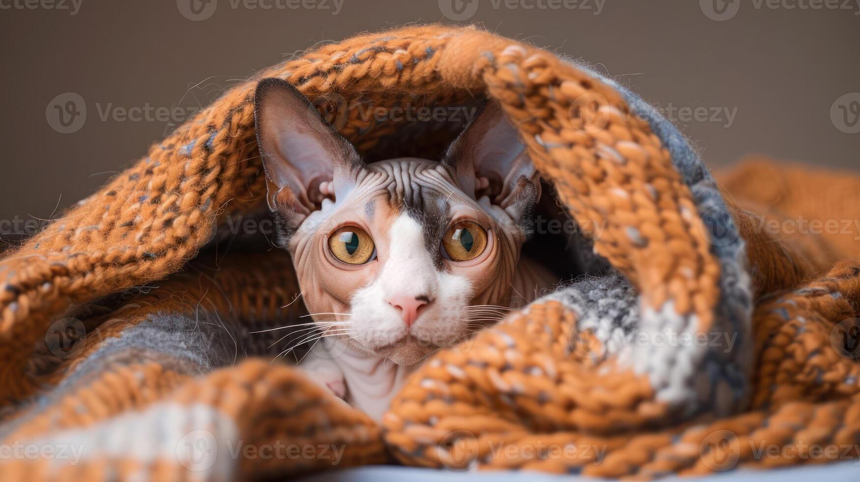A cozy cat nestled in a warm, knitted blanket, creating a serene indoor atmosphere photo