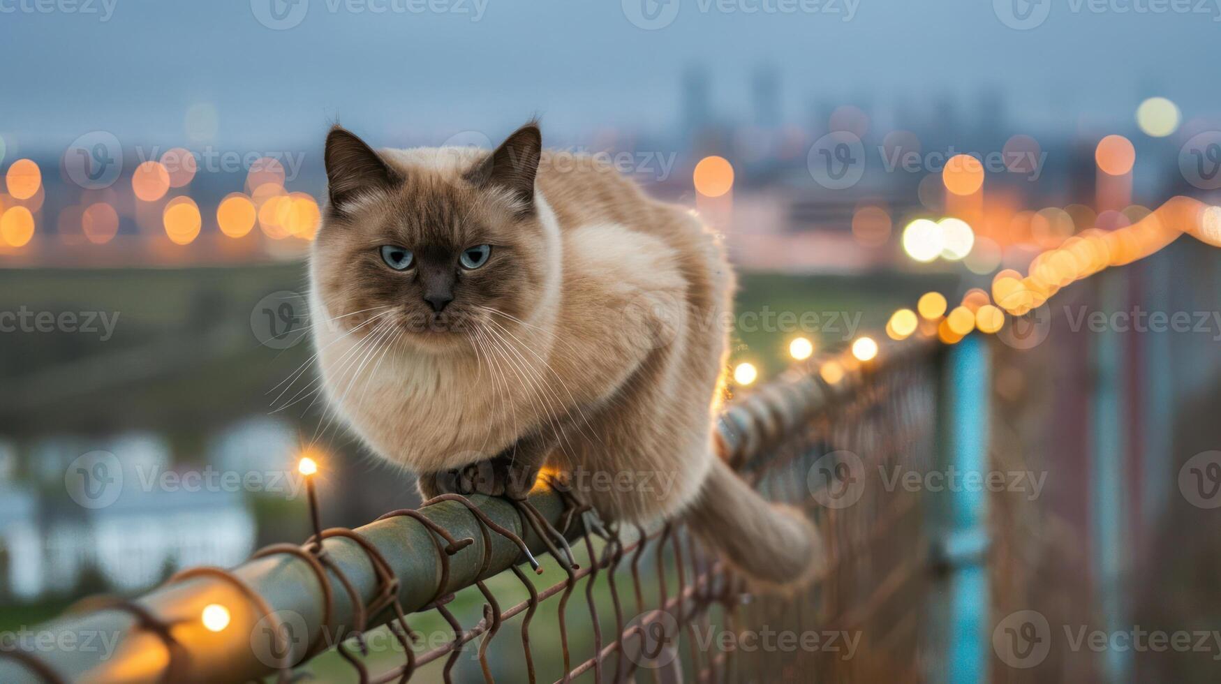 A fluffy cat perched on a fence at dusk, with city lights twinkling in the background photo