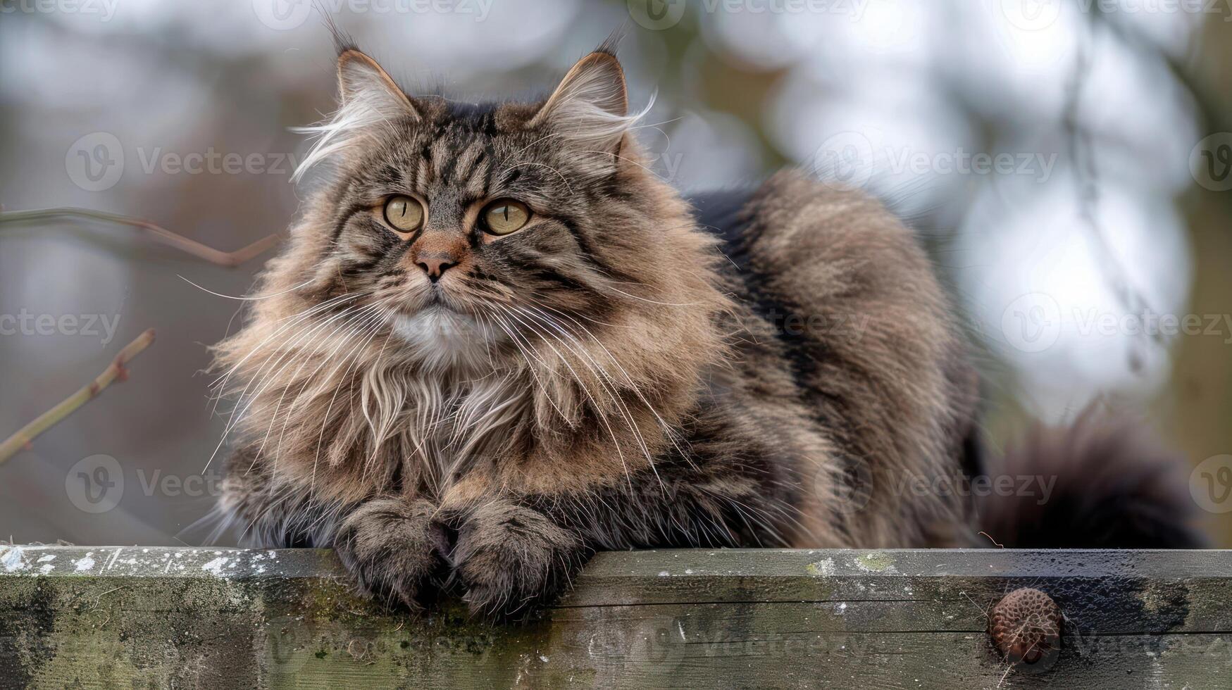 Majestic long-haired cat lounging on a wooden fence, surrounded by blurred trees in the background photo