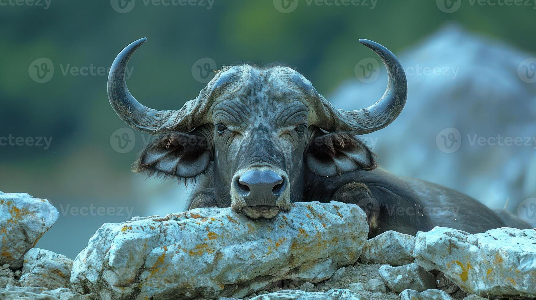 A serene water buffalo resting its head on a rocky ledge by a tranquil lake, surrounded by nature photo