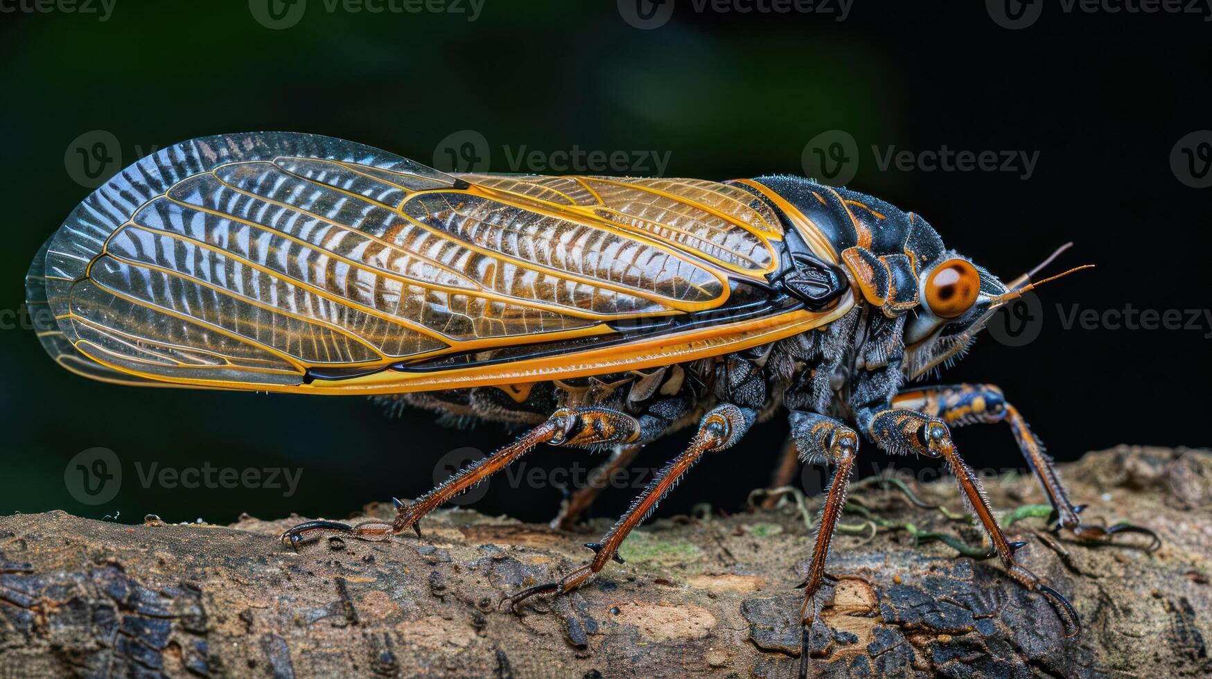 Close-up of a vibrant cicada perched on a branch in a lush green environment, showcasing its intricate details photo