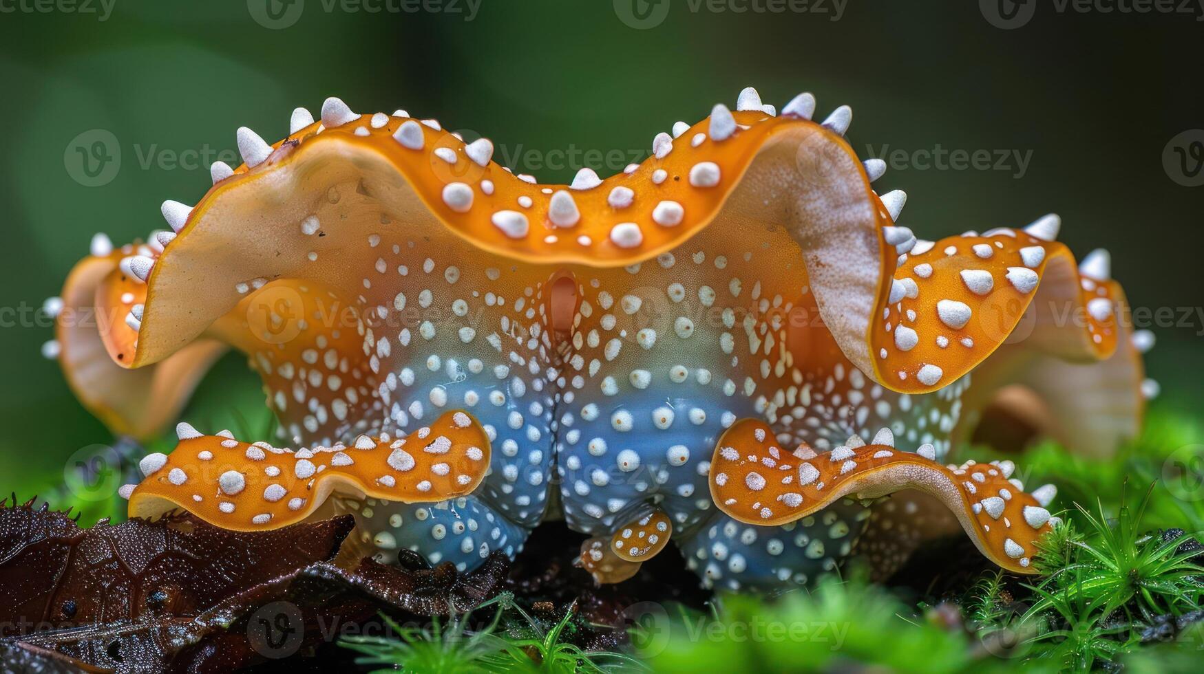 Vibrant close-up of a colorful marine creature resting on lush green moss in a tranquil forest setting photo