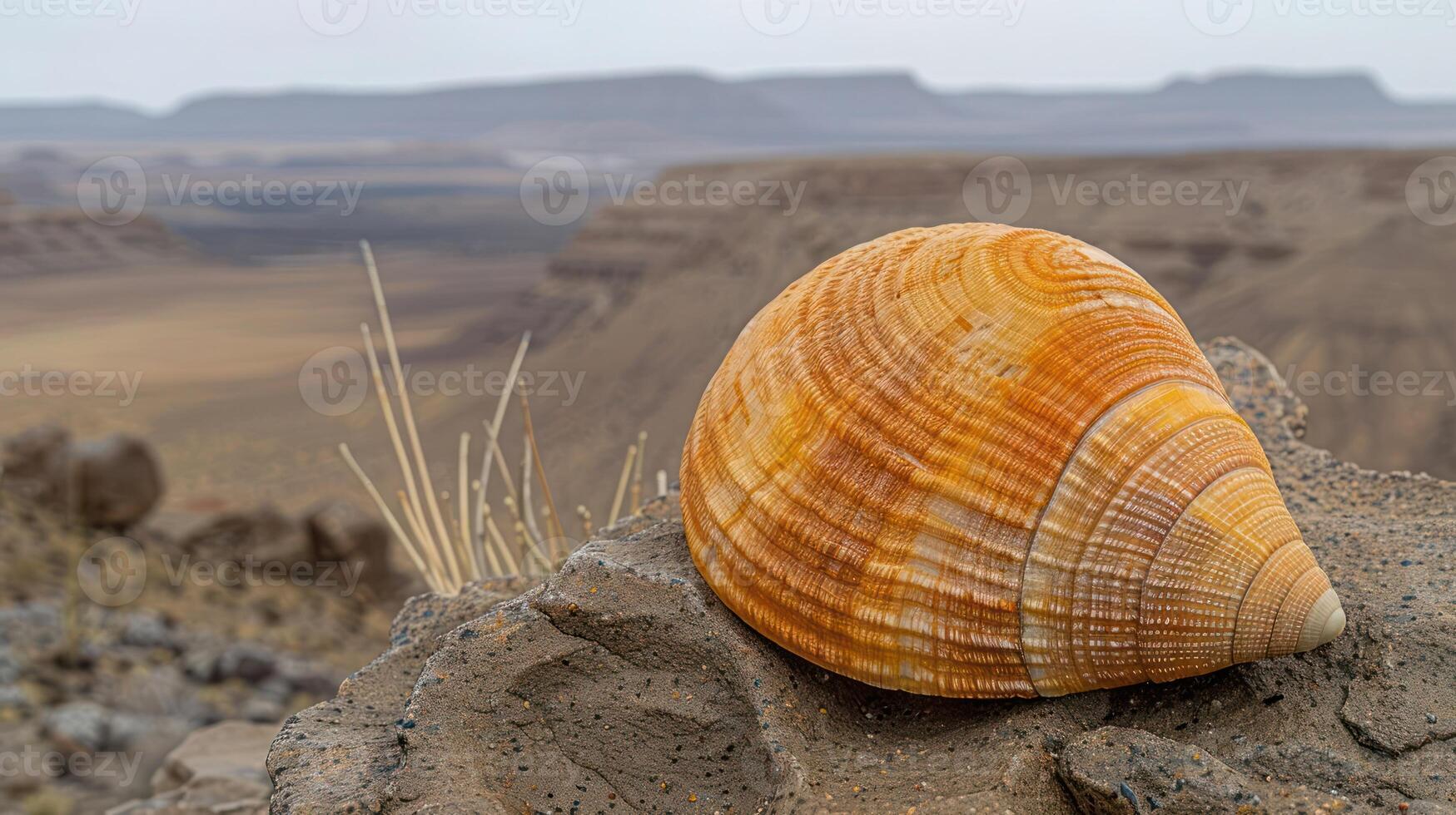 A close-up of a beautifully patterned shell resting on a rocky surface with vast desert landscapes in the background photo