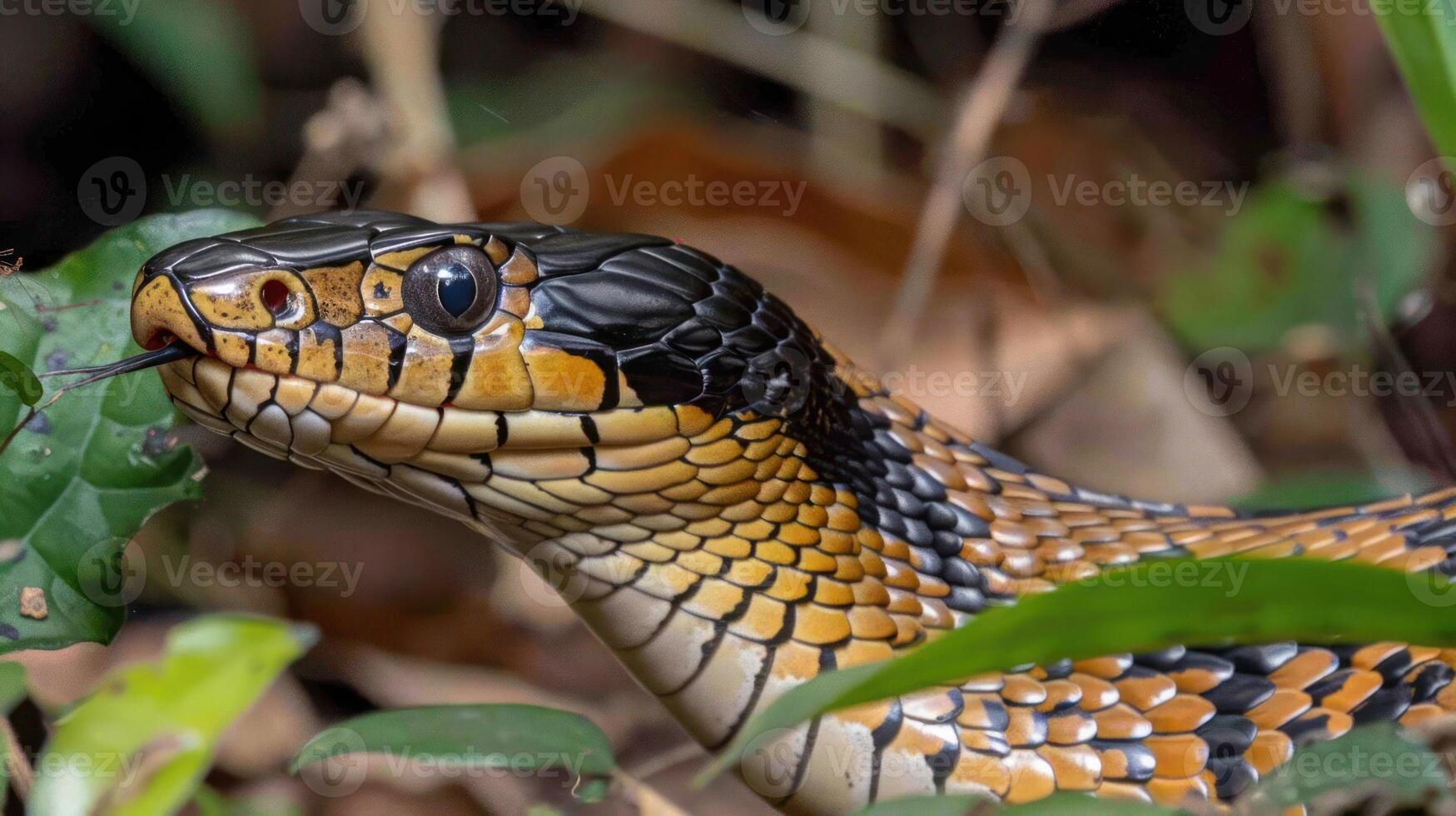 Close-up of a vibrant snake with intricate scales in a lush green environment, showcasing nature's beauty photo