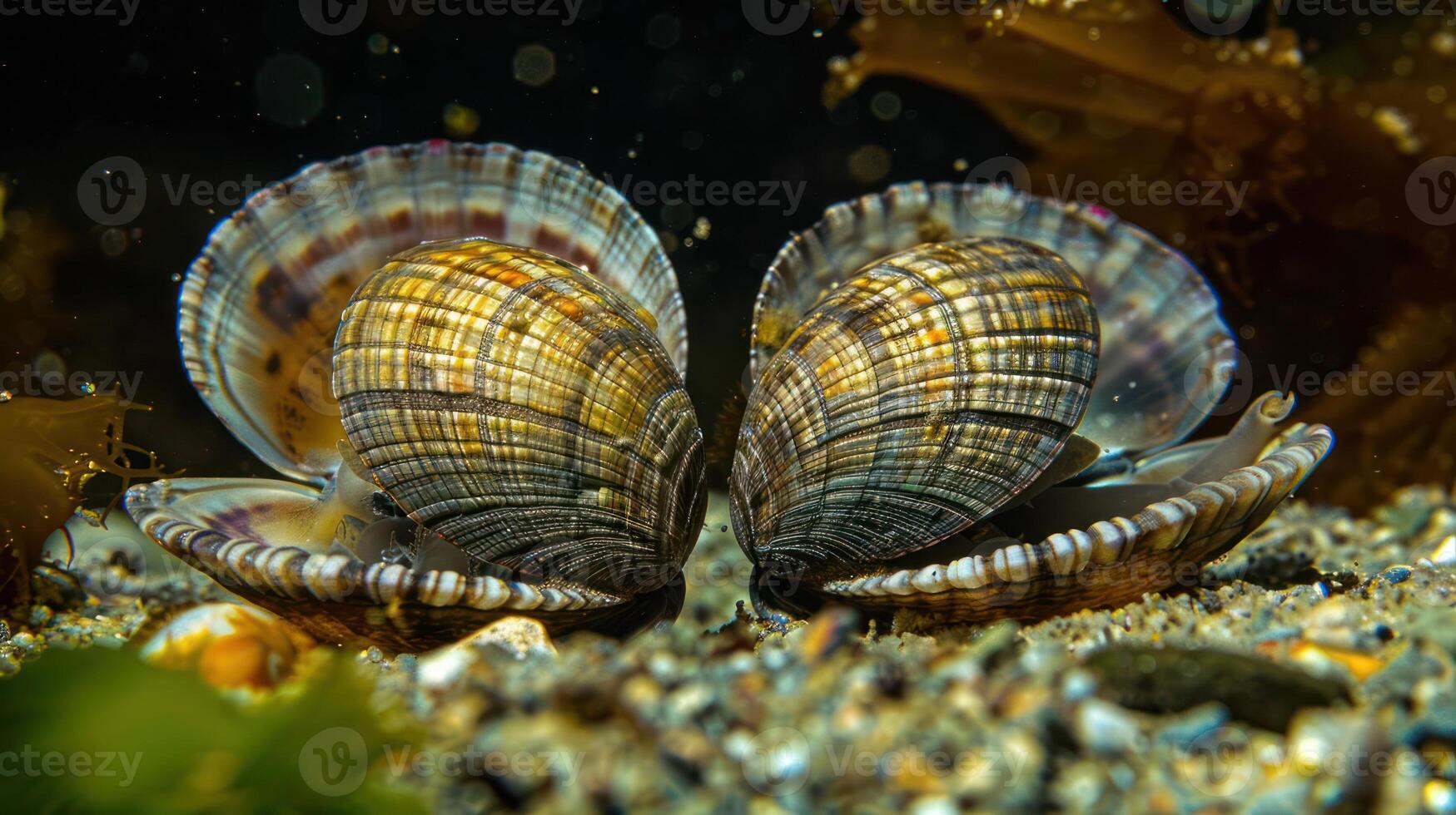 Two beautifully patterned seashells resting on the ocean floor, surrounded by seaweed and sand photo