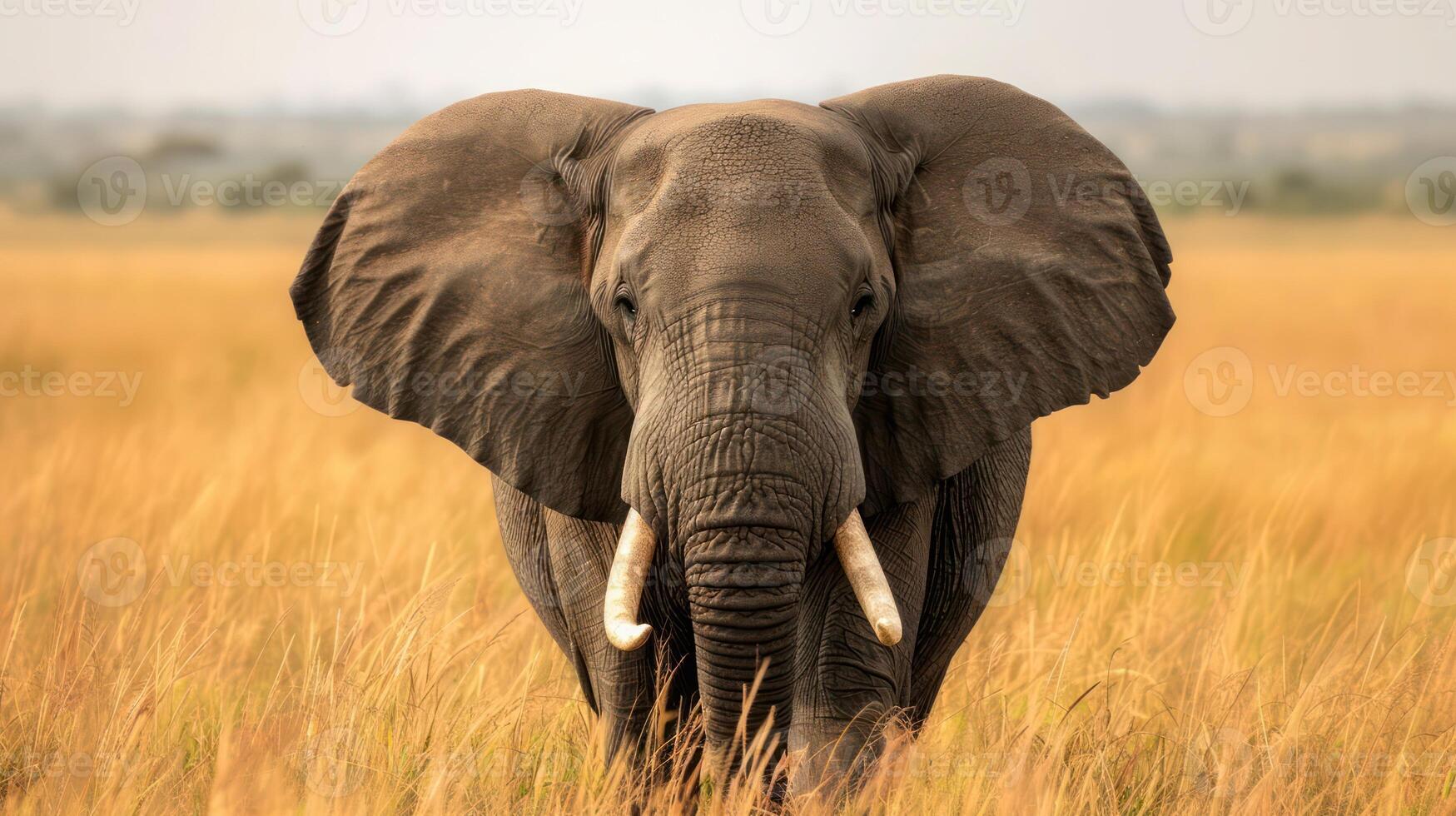 Majestic elephant standing in golden grassland under a clear sky, showcasing wildlife beauty photo