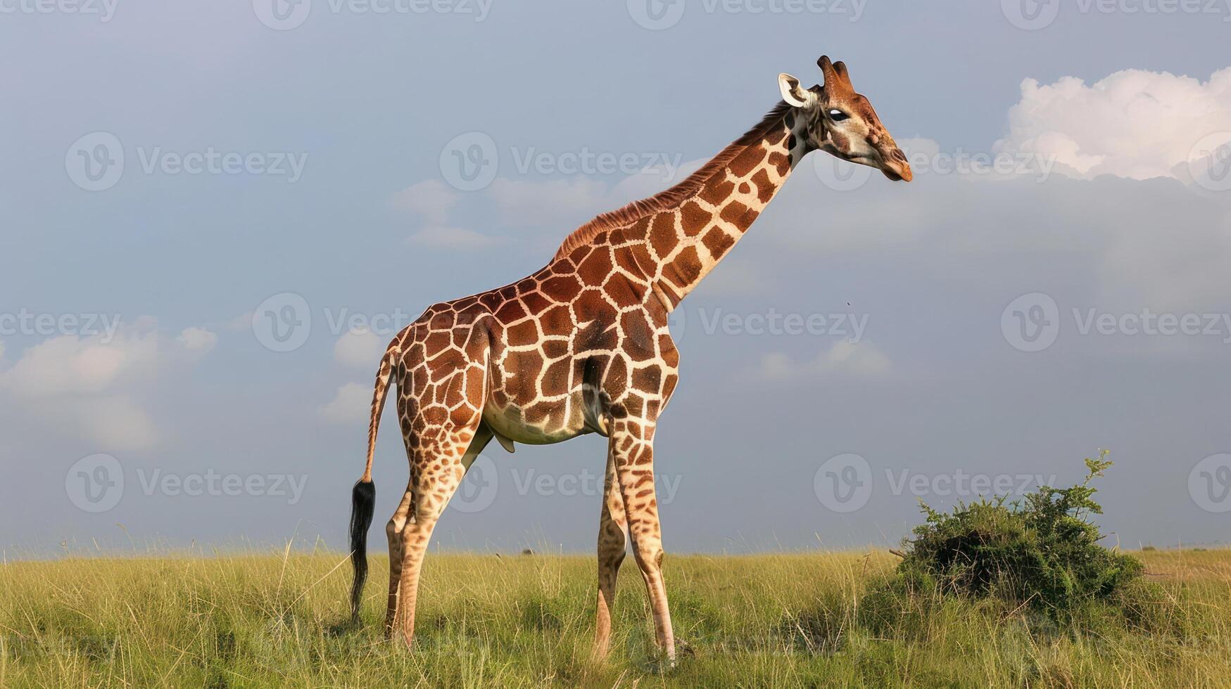 Majestic giraffe standing gracefully in a lush savannah under a clear blue sky photo