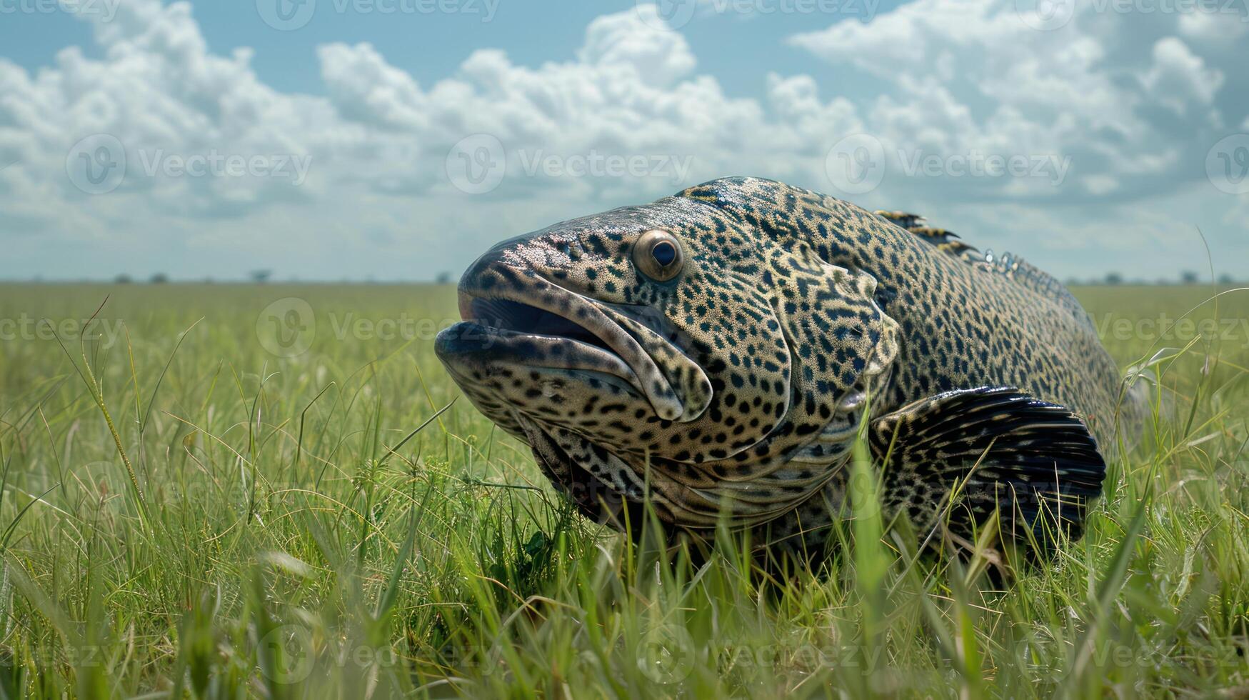 Large leopard-spotted fish resting on green grass under a bright blue sky with clouds photo