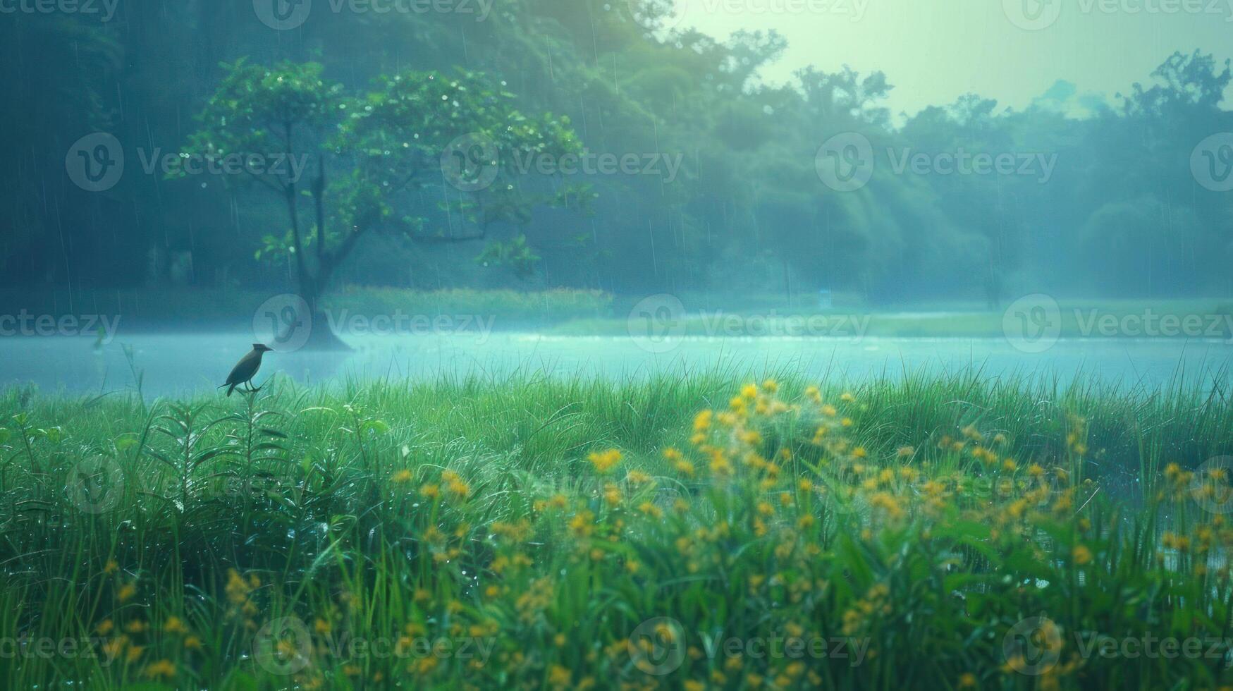 Serene morning landscape with a solitary bird by a misty lake surrounded by vibrant flowers photo