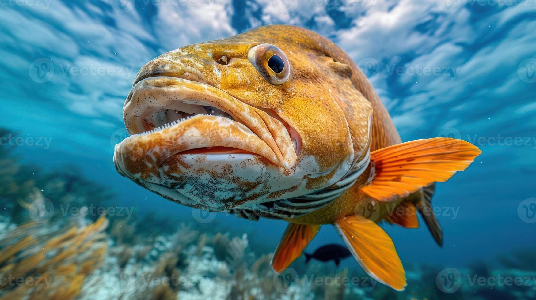 Close-up of a vibrant orange fish swimming in clear ocean waters with coral in the background photo