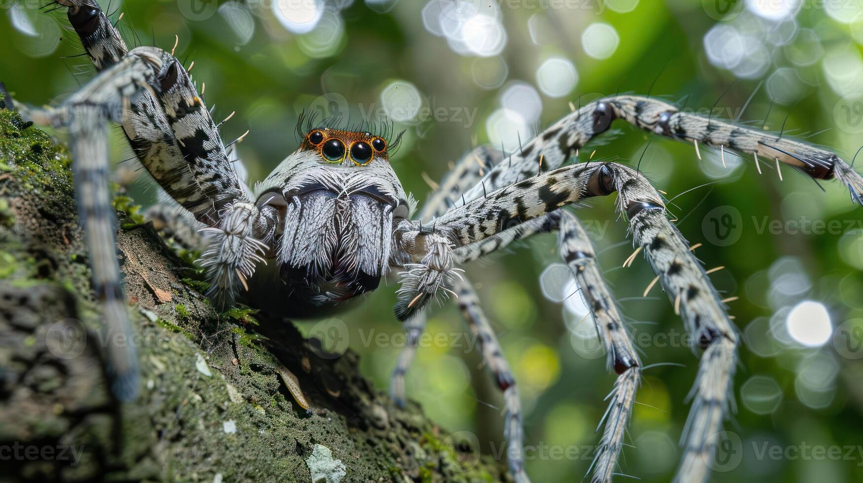 Close-up of a large spider perched on a tree trunk in a lush green rainforest, showcasing intricate details photo