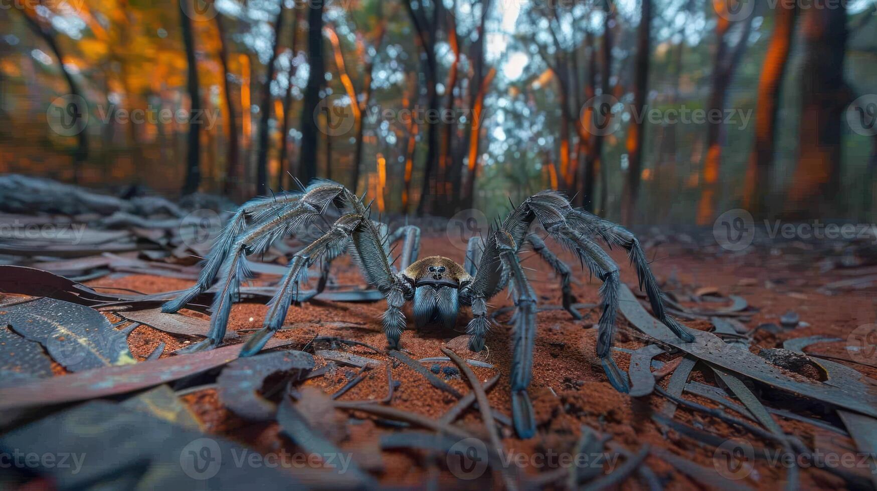 Close-up of a spider on a forest floor surrounded by autumn foliage and blurred trees photo