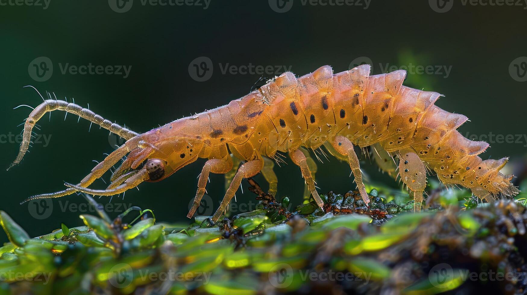 Close-up of a vibrant pink crustacean crawling on lush green moss in a serene natural setting photo