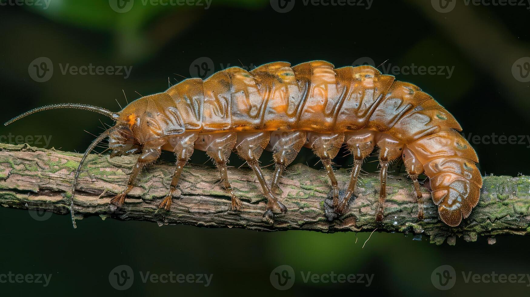 Close-up of a segmented insect crawling on a branch in a lush green environment photo