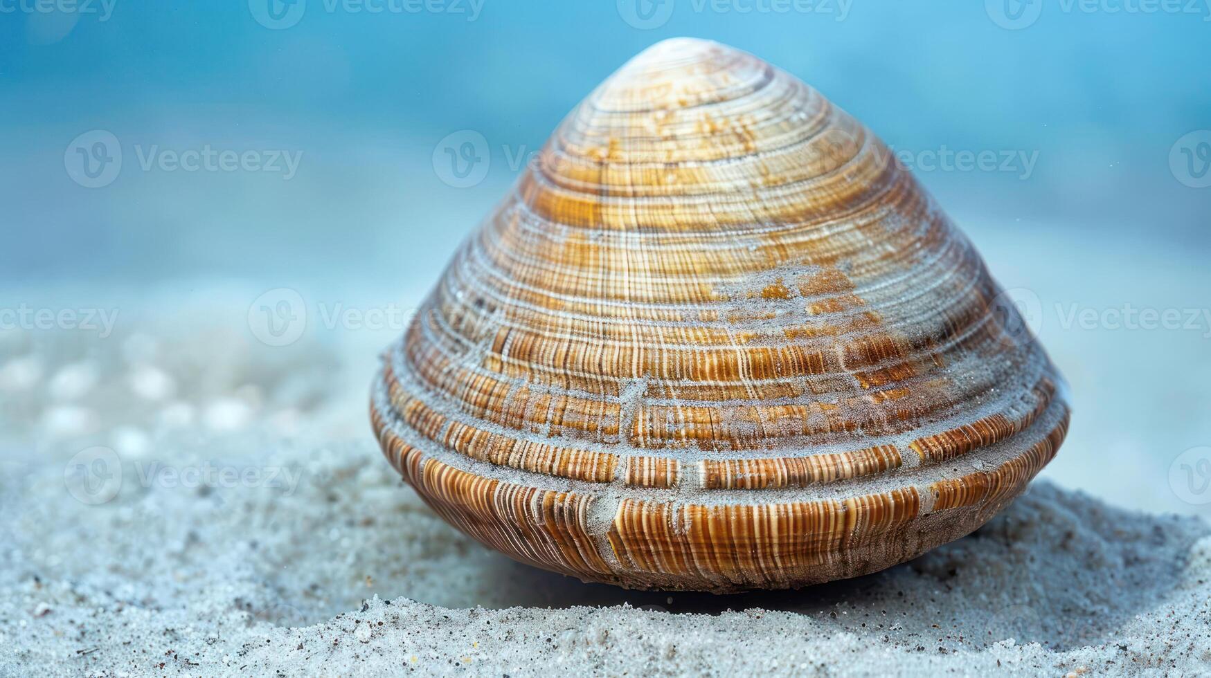 Close-up of a beautifully patterned seashell resting on sandy beach with ocean backdrop photo