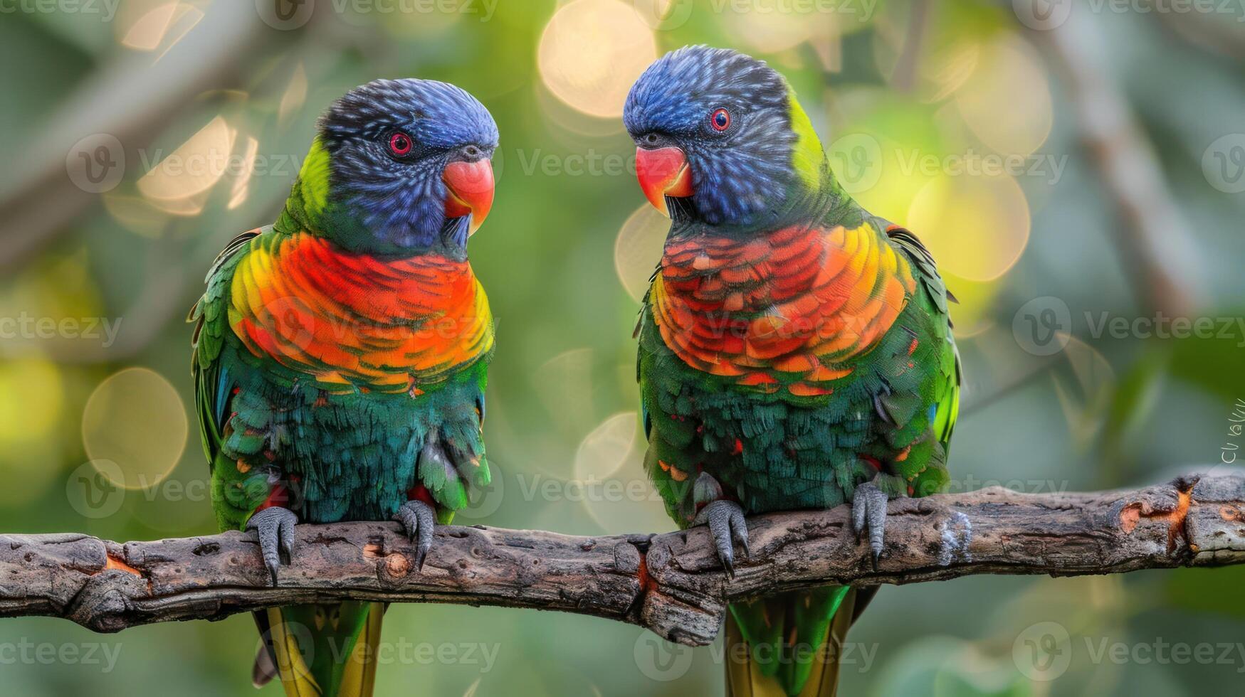 Two vibrant lorikeets perched on a branch, surrounded by lush greenery and soft bokeh background photo