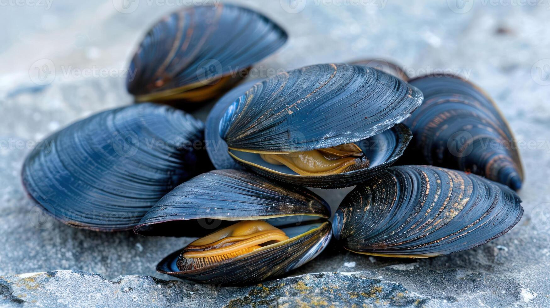 Close-up of fresh mussels on a rocky surface, showcasing their glossy shells and natural colors photo