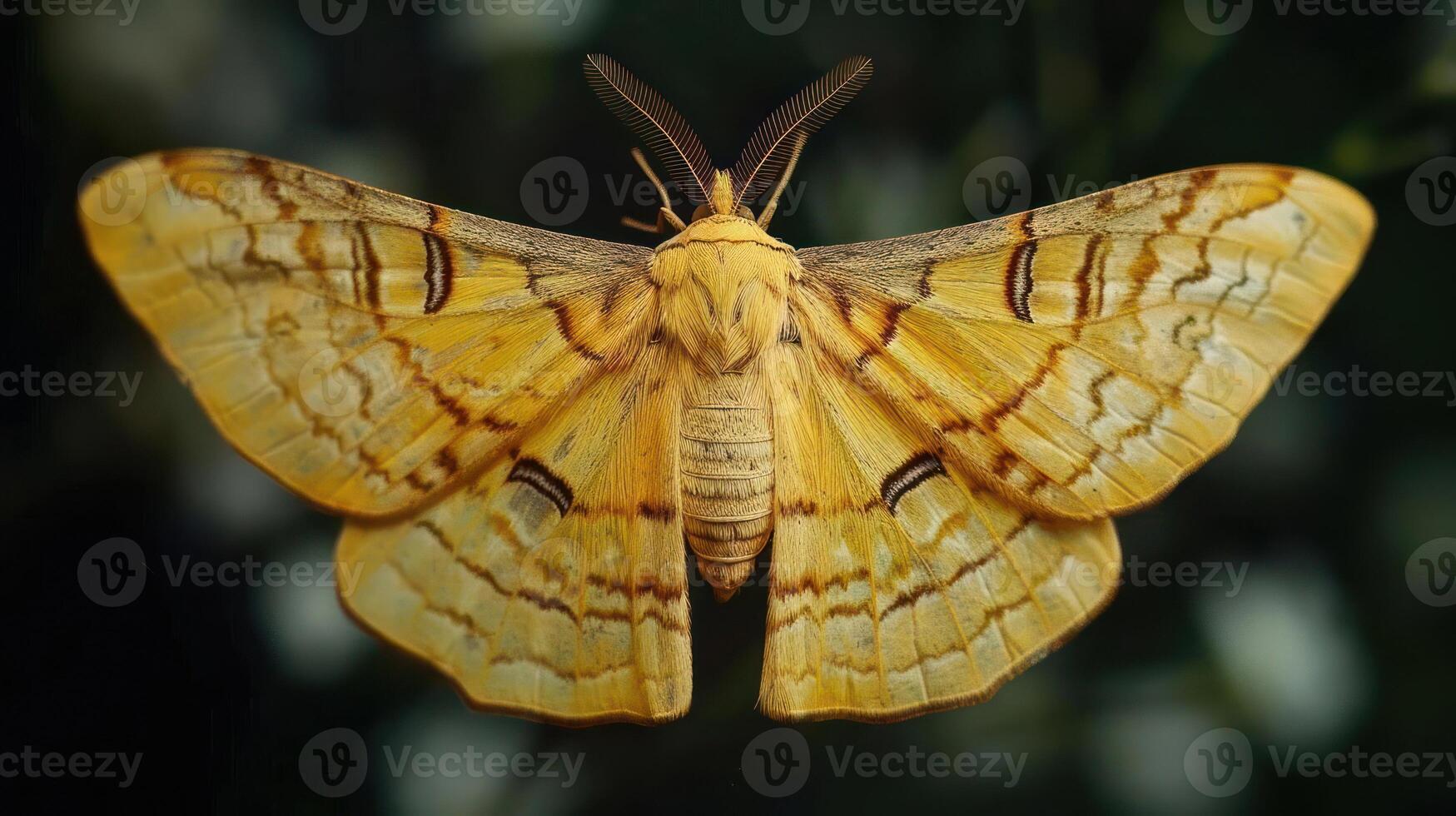 Close-up of a vibrant yellow moth resting on a leaf in a lush green garden setting photo
