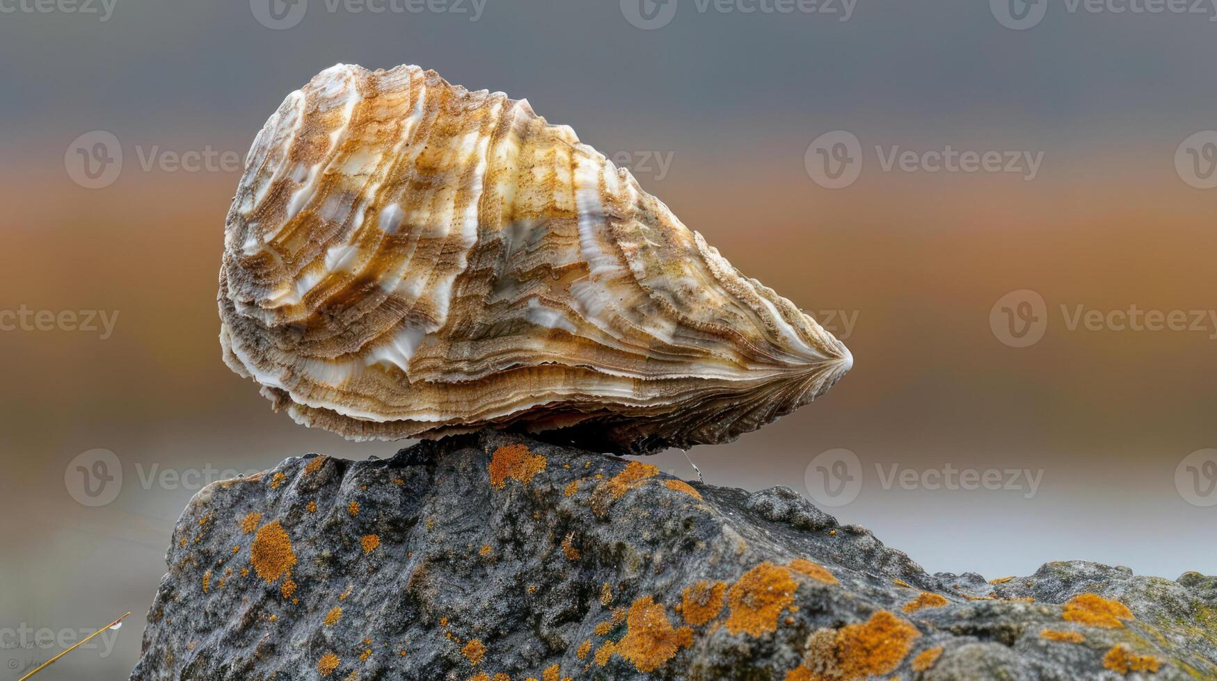 Close-up of a beautifully textured oyster shell resting on a mossy rock by a serene wetland photo