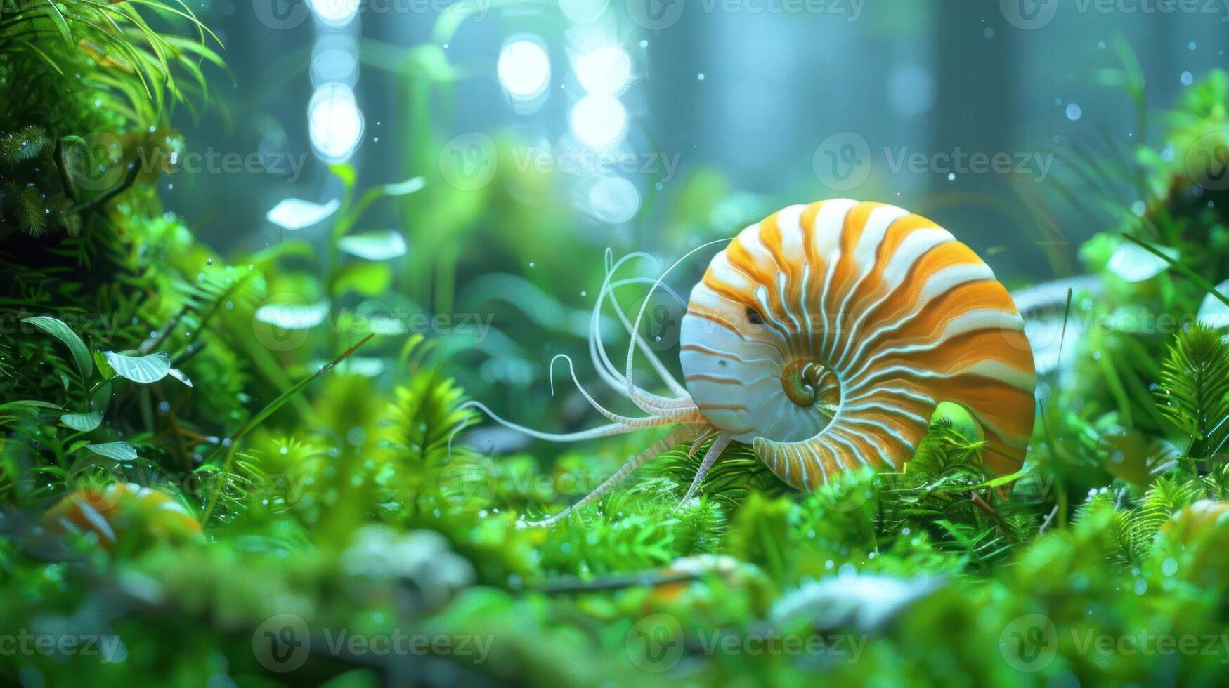 Colorful nautilus shell resting on lush green moss in a serene forest with soft light filtering through trees photo