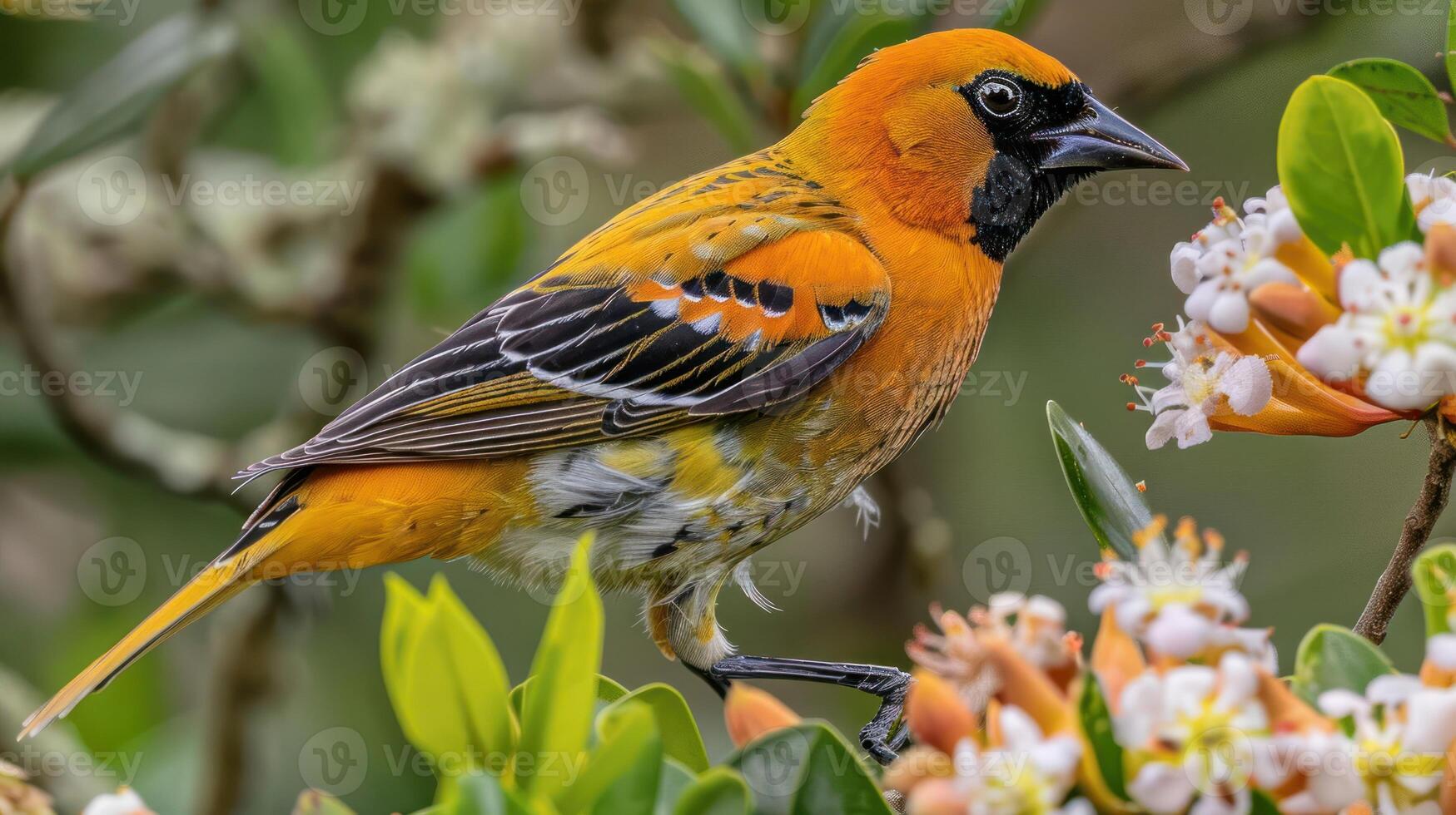 Vibrant orange bird perched on blooming flowers amidst lush greenery in a serene garden photo
