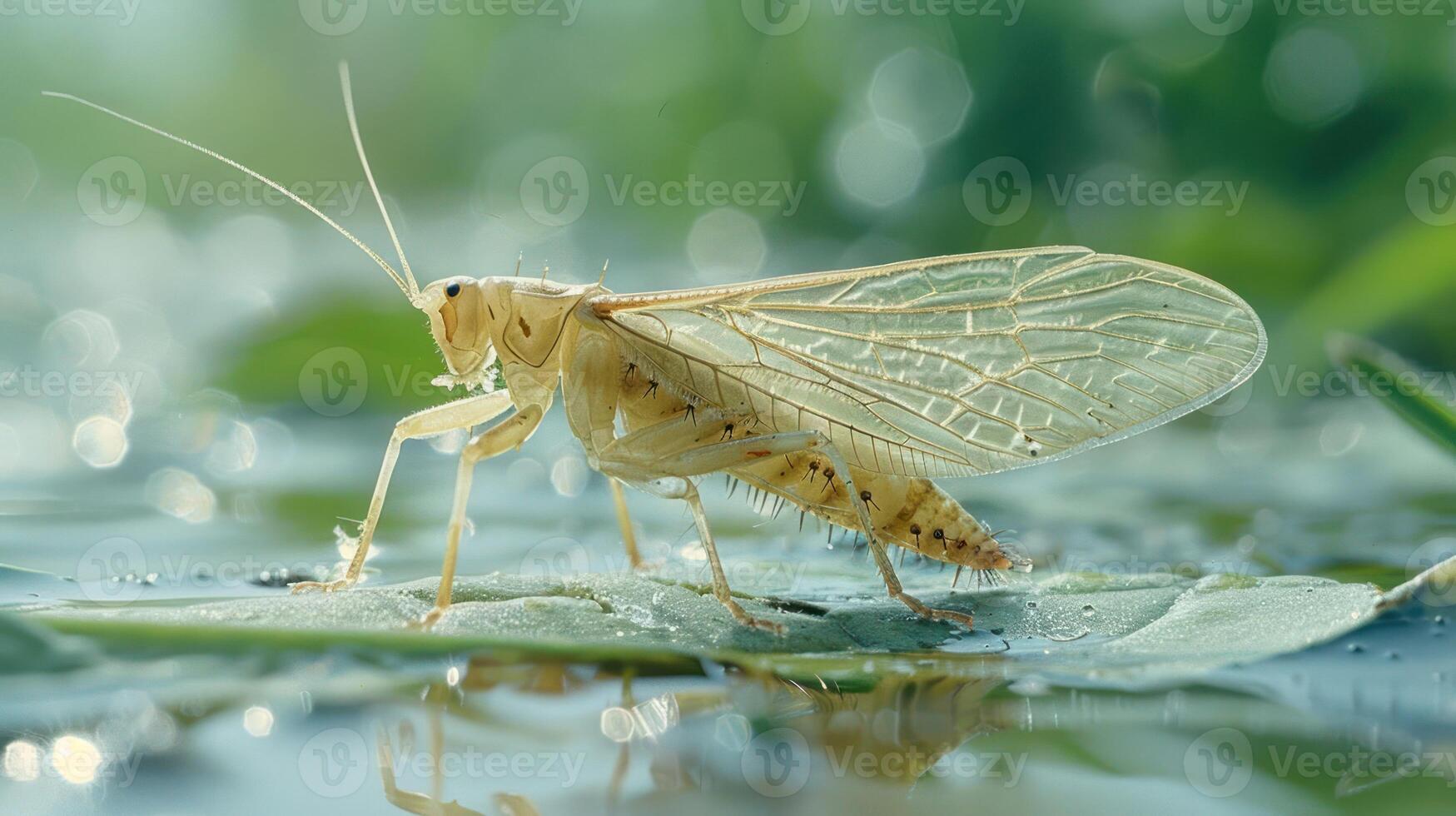 Close-up of a delicate insect perched on a leaf over shimmering water, surrounded by lush greenery photo