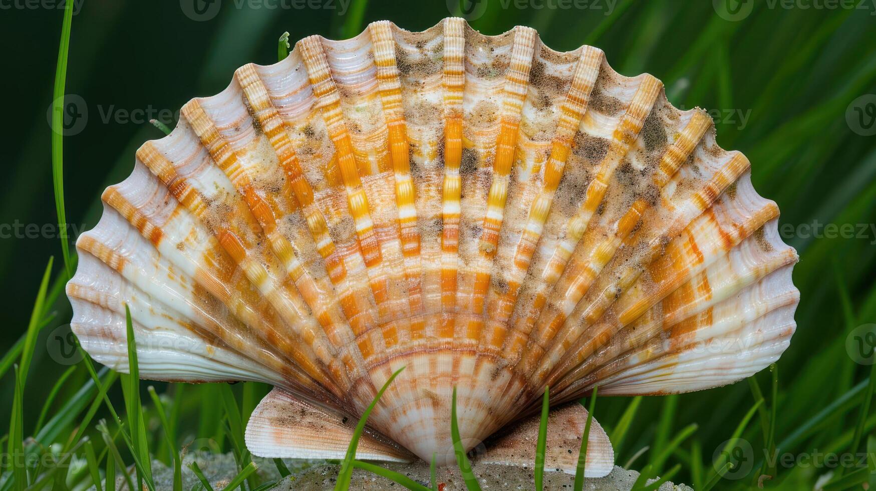 Close-up of a vibrant scallop shell resting on green grass, showcasing natural beauty and textures photo
