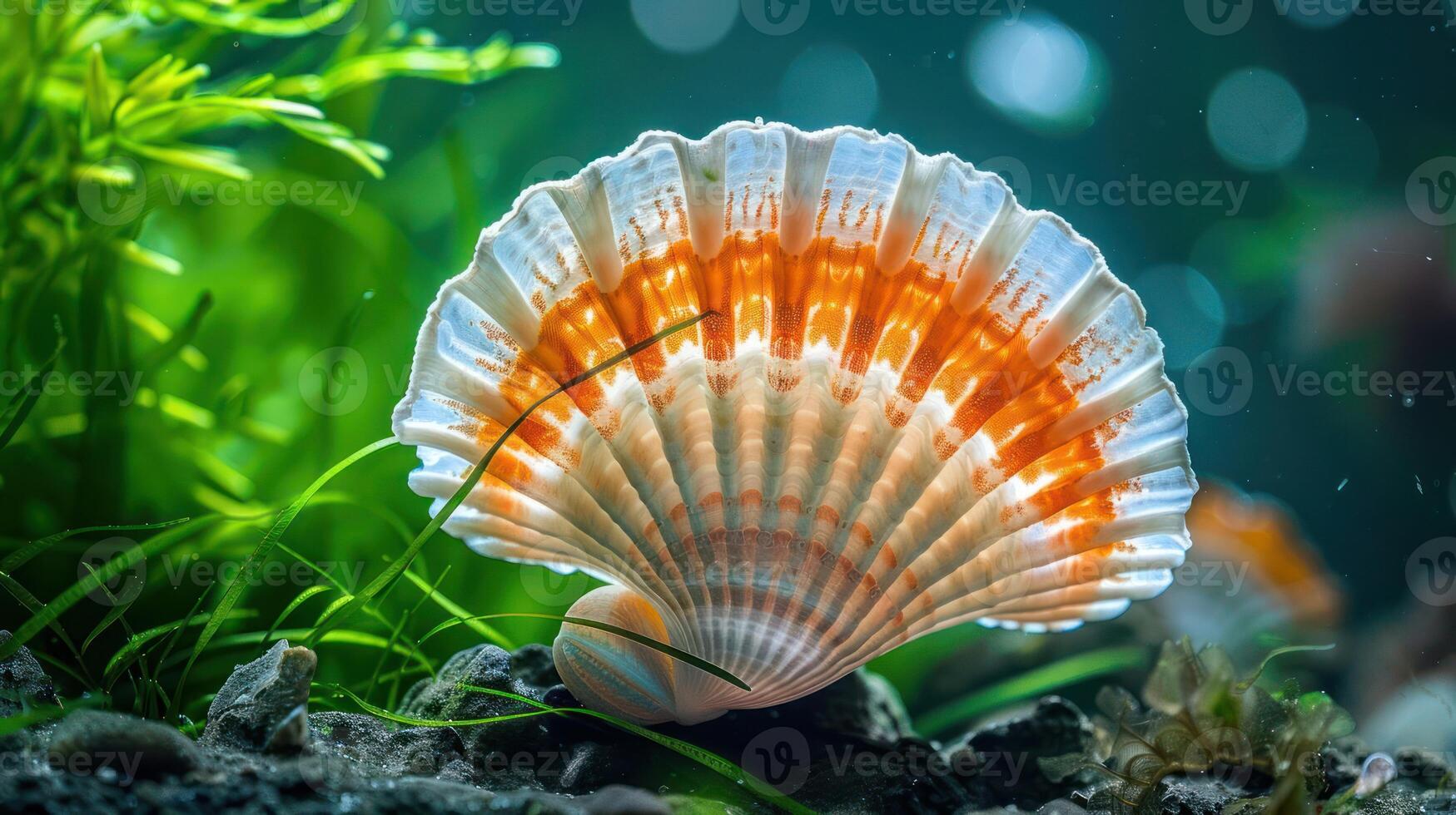 Vibrant underwater scene featuring a colorful scallop shell surrounded by lush aquatic plants photo