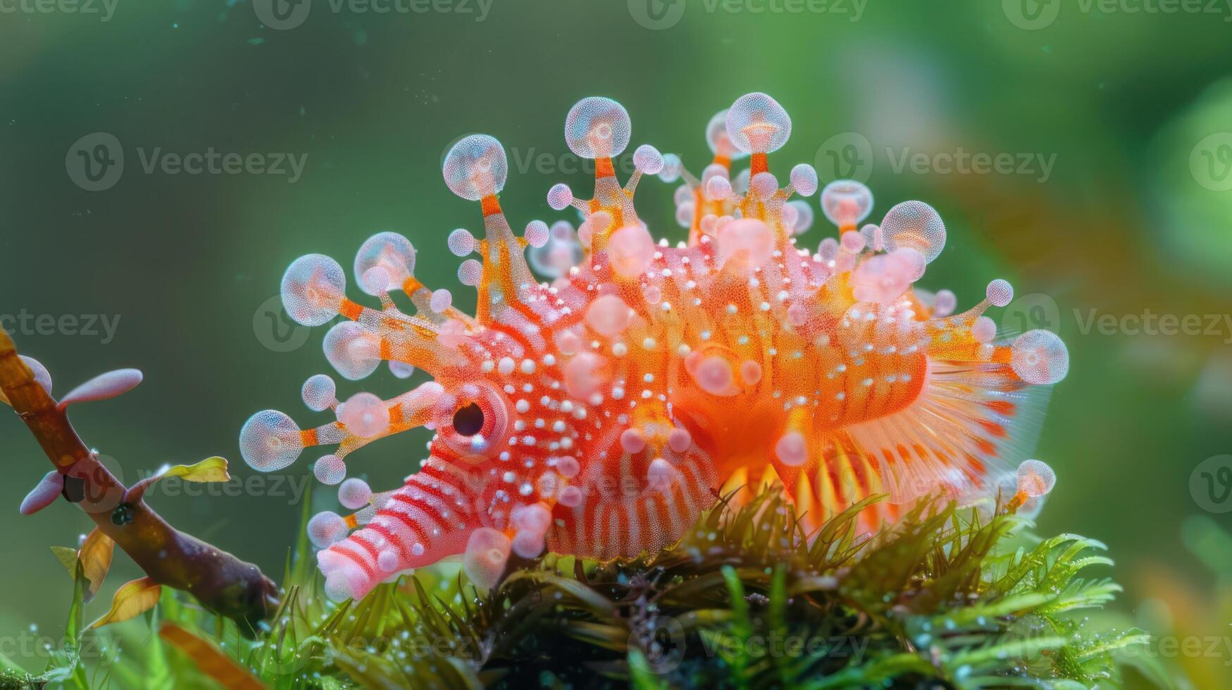 Vibrant underwater scene showcasing a colorful fish with unique features amidst lush marine flora photo