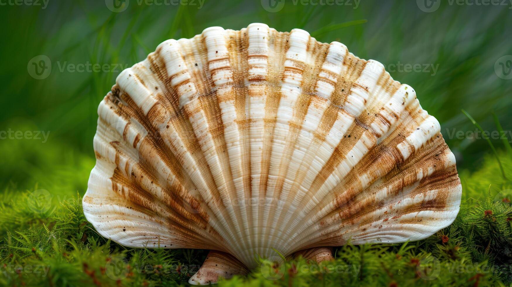 Close-up of a beautifully patterned scallop shell resting on lush green moss near a tranquil water body photo
