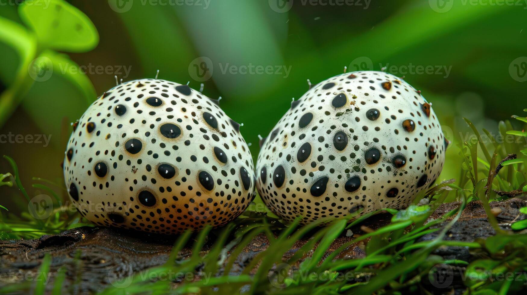 Close-up of two spotted eggs nestled on a mossy log in a lush green environment photo