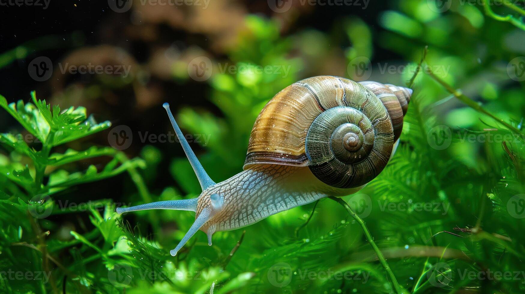A close-up of a snail gliding over lush green aquatic plants in a serene underwater environment photo