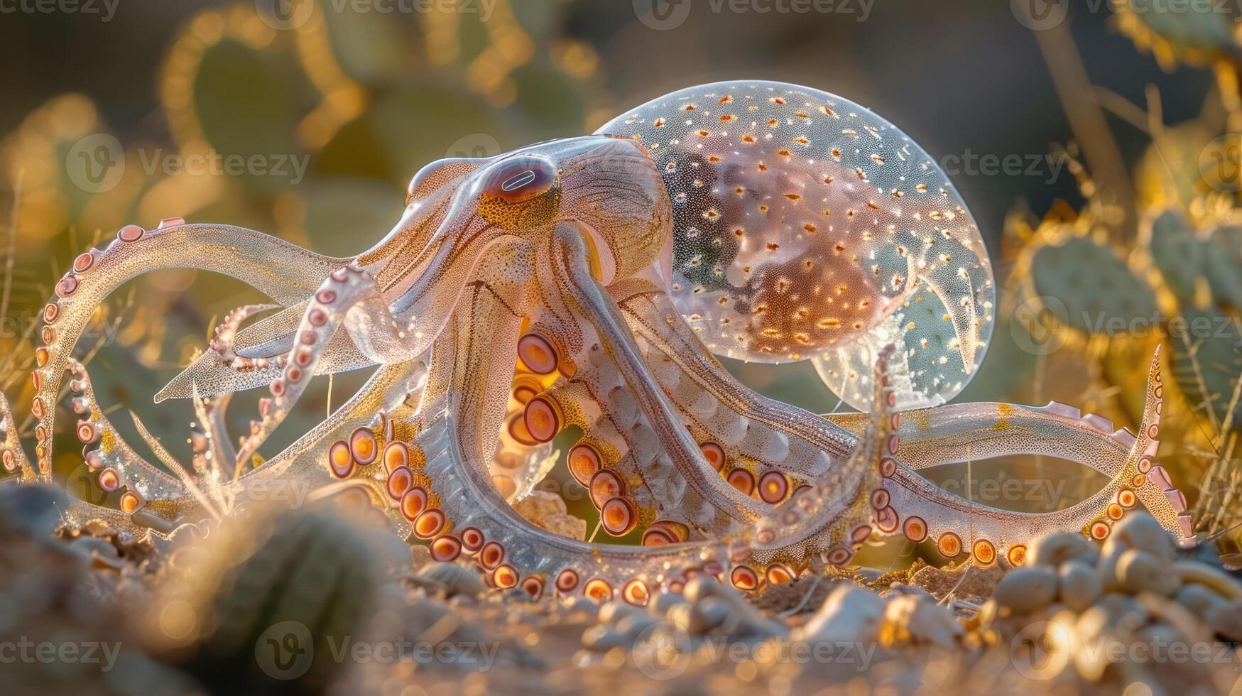 Colorful octopus resting on sandy terrain with cacti in the background during sunset photo
